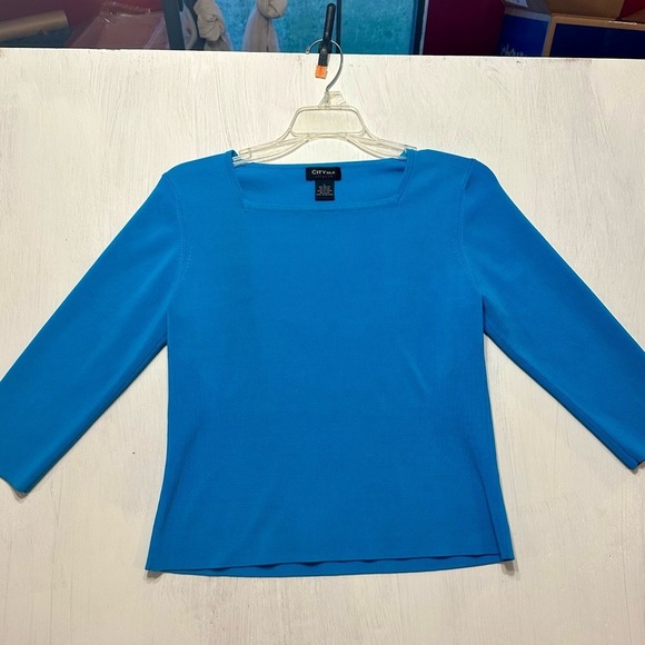 City Silk Tops - City Silk Stretch Women’s Top Size L Blue 3/4 Sleeve Square Neck Rayon Blend